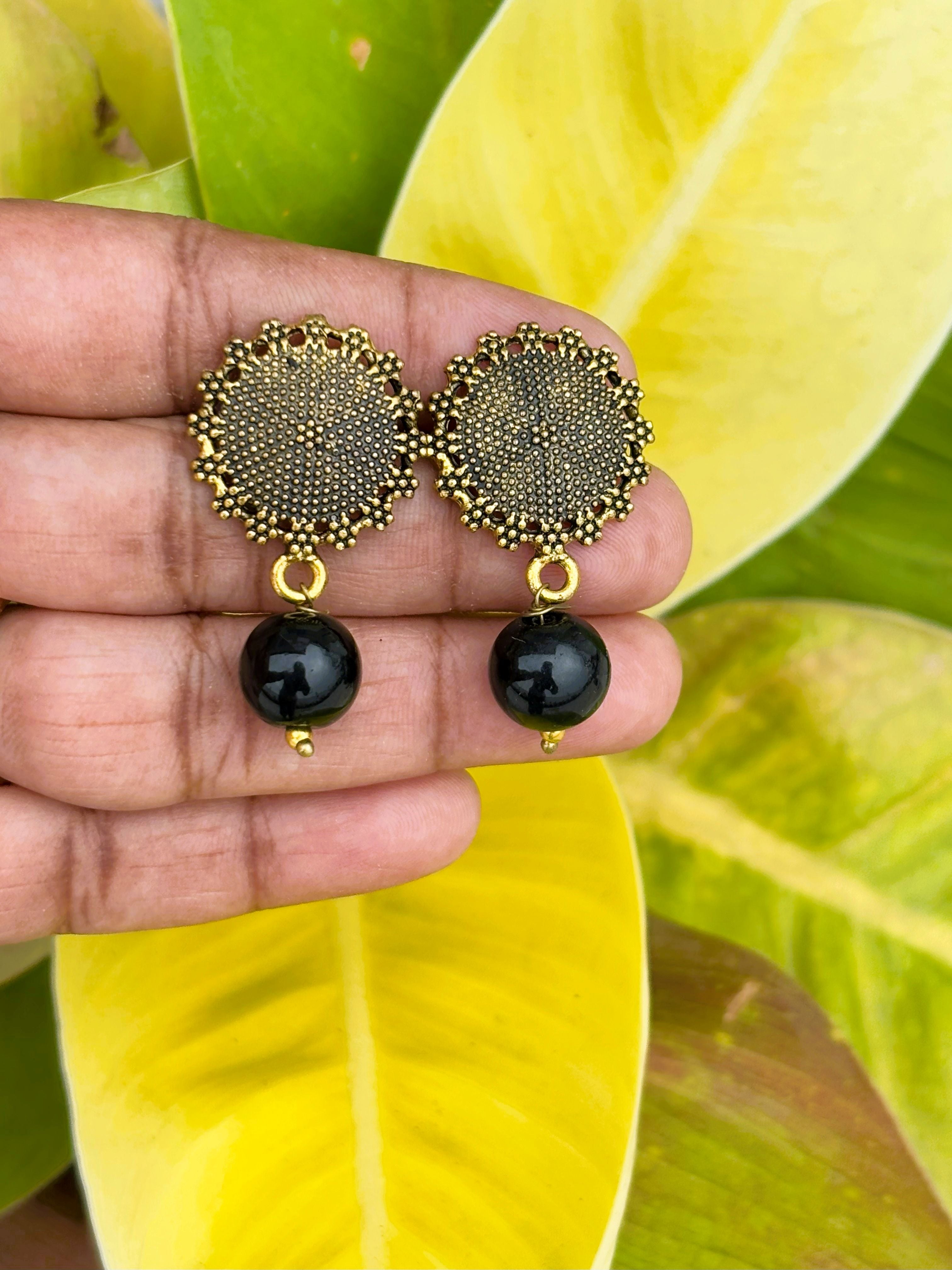 Handmade Antique Gold-tone Floral and Black Bead Earrings