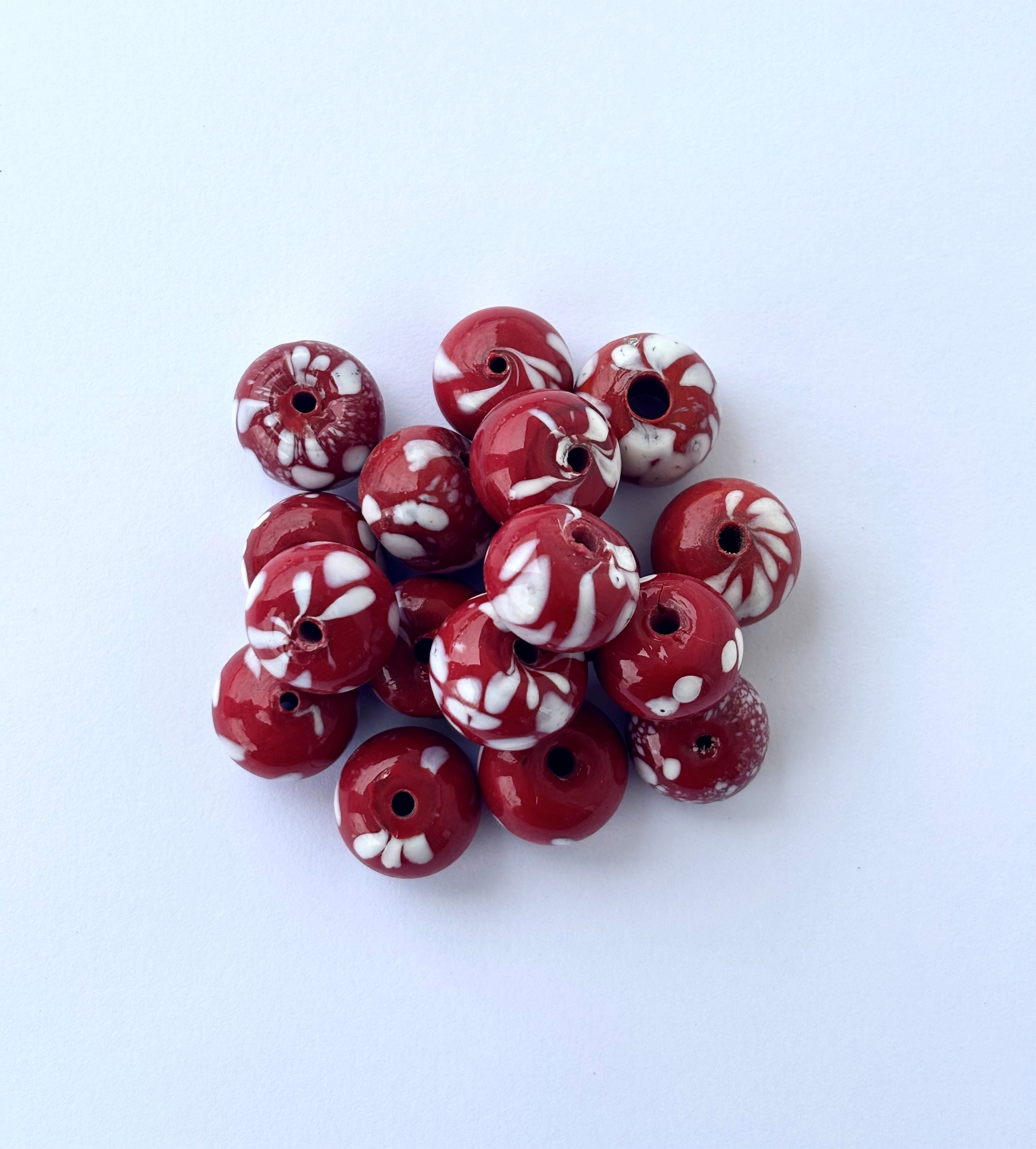 Large Red and White Swirl Glass Beads