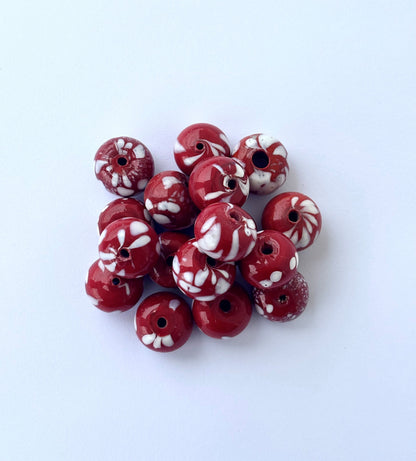 Large Red and White Swirl Glass Beads