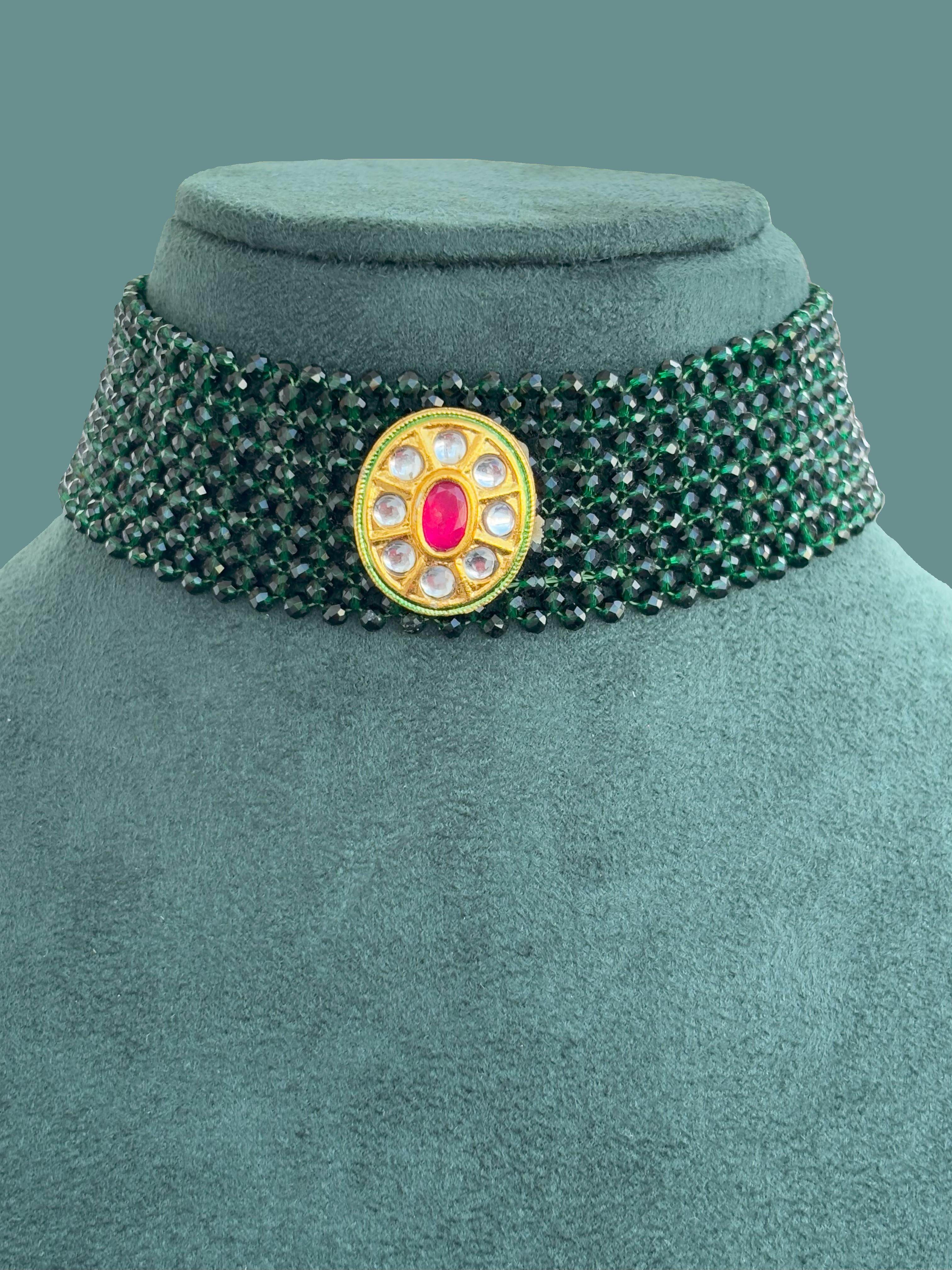 Handmade Green Beaded Choker with Kundan Stone Pendant
