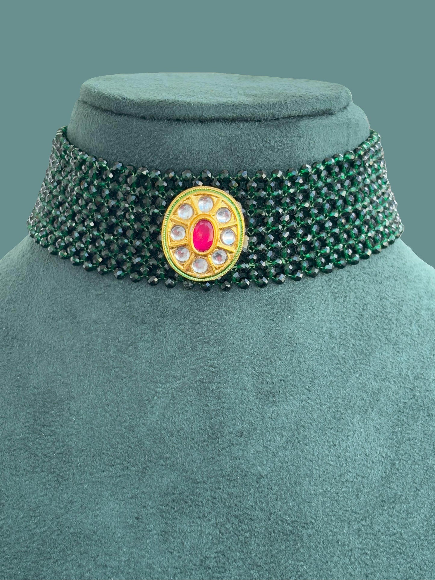 Handmade Green Beaded Choker with Kundan Stone Pendant