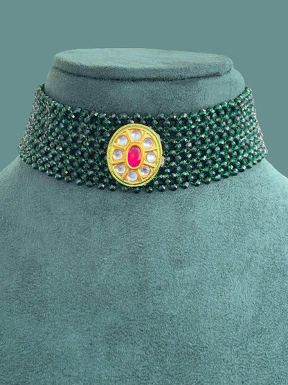Handmade Green Beaded Choker with Kundan Stone Pendant