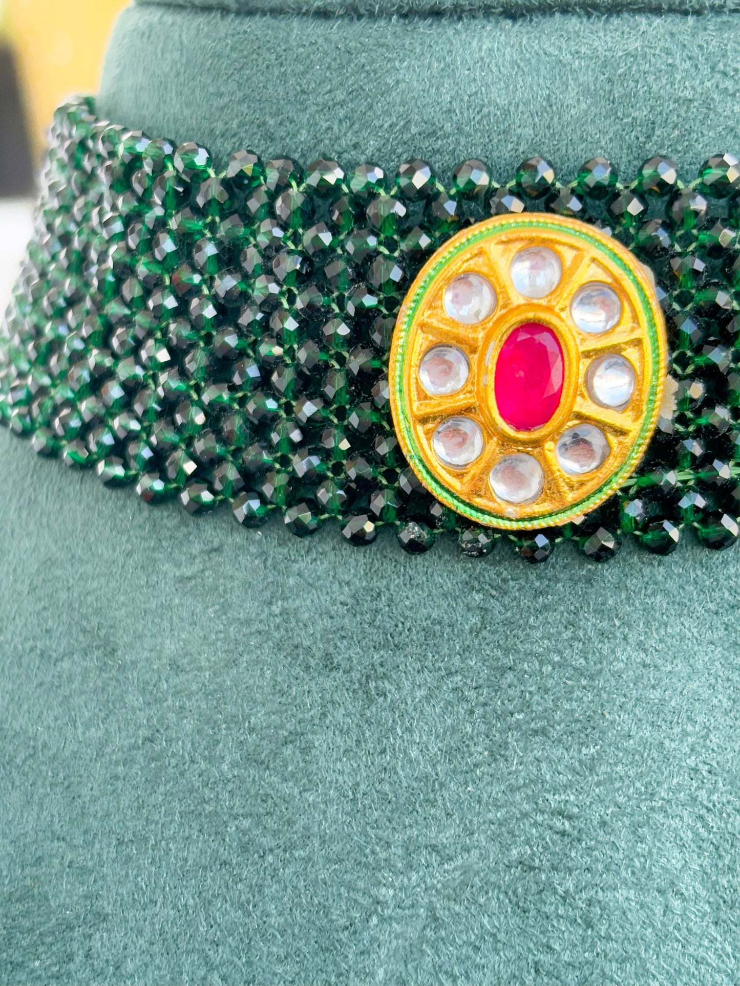 Handmade Green Beaded Choker with Kundan Stone Pendant