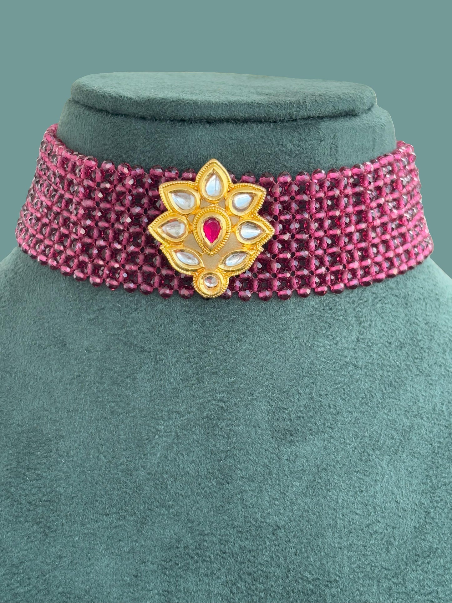 Handmade Pink Beaded Choker with Kundan Stone Pendant