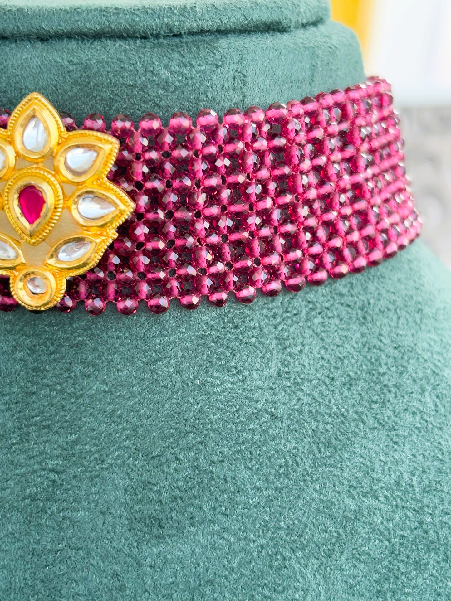 Handmade Pink Beaded Choker with Kundan Stone Pendant