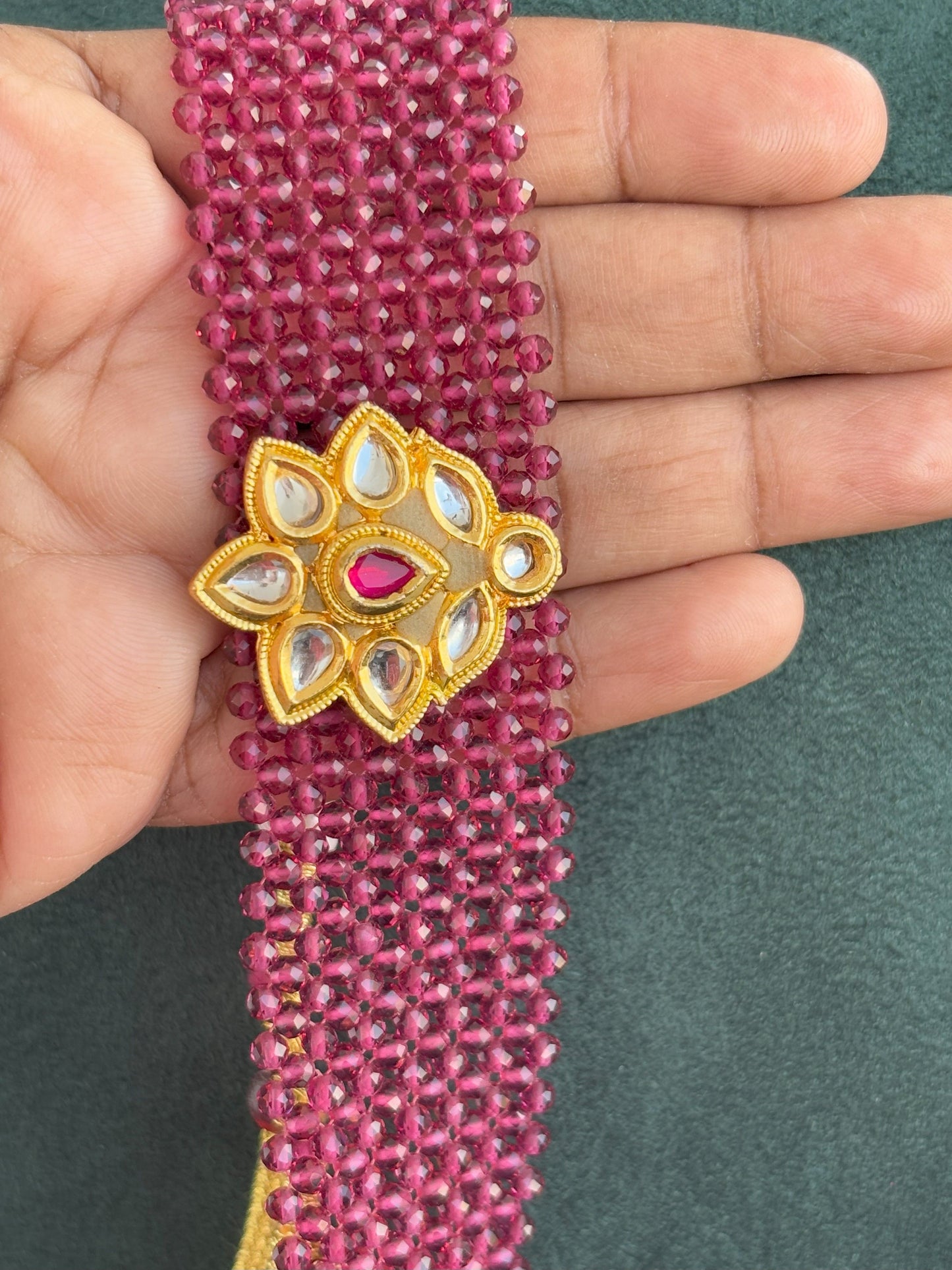 Handmade Pink Beaded Choker with Kundan Stone Pendant