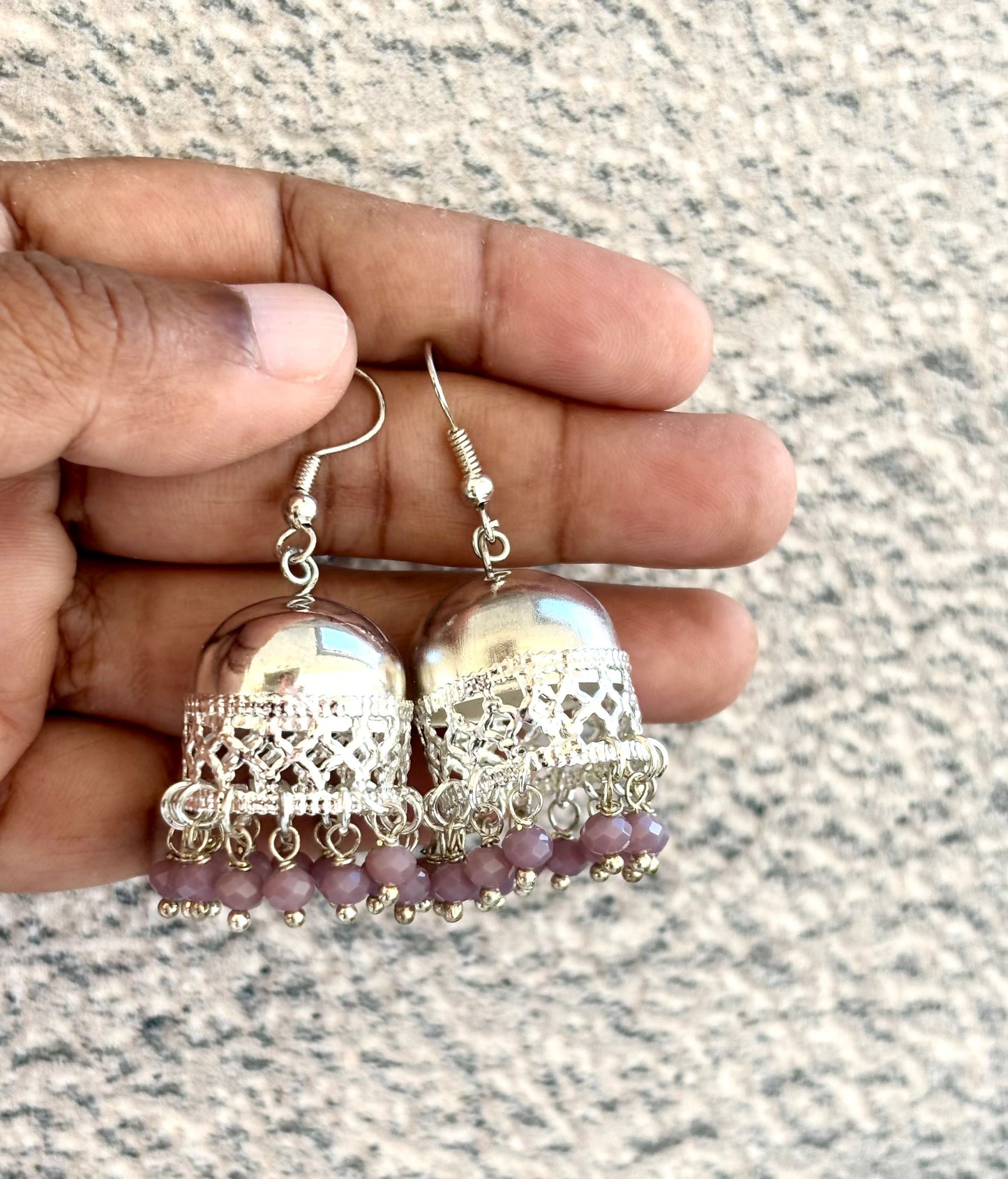 Oxidized Silver Jhumka Earrings with Purple Beads