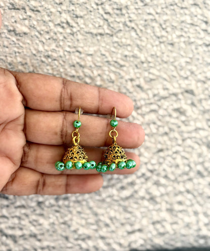 Mini Antique Gold Jhumka Earrings with Green Beads