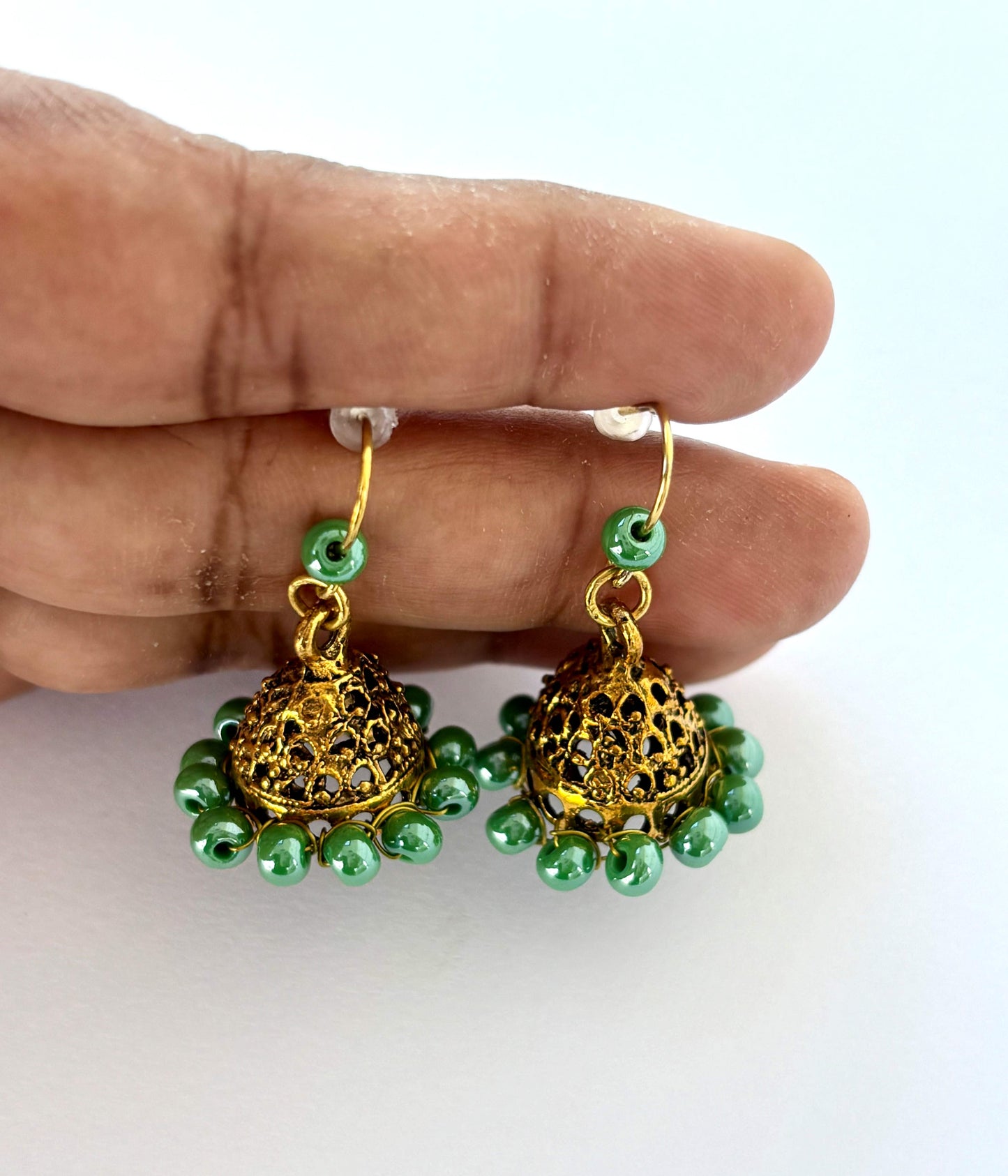 Mini Antique Gold Jhumka Earrings with Green Beads