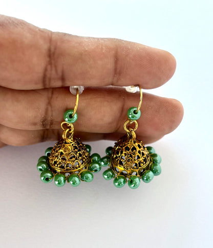 Mini Antique Gold Jhumka Earrings with Green Beads