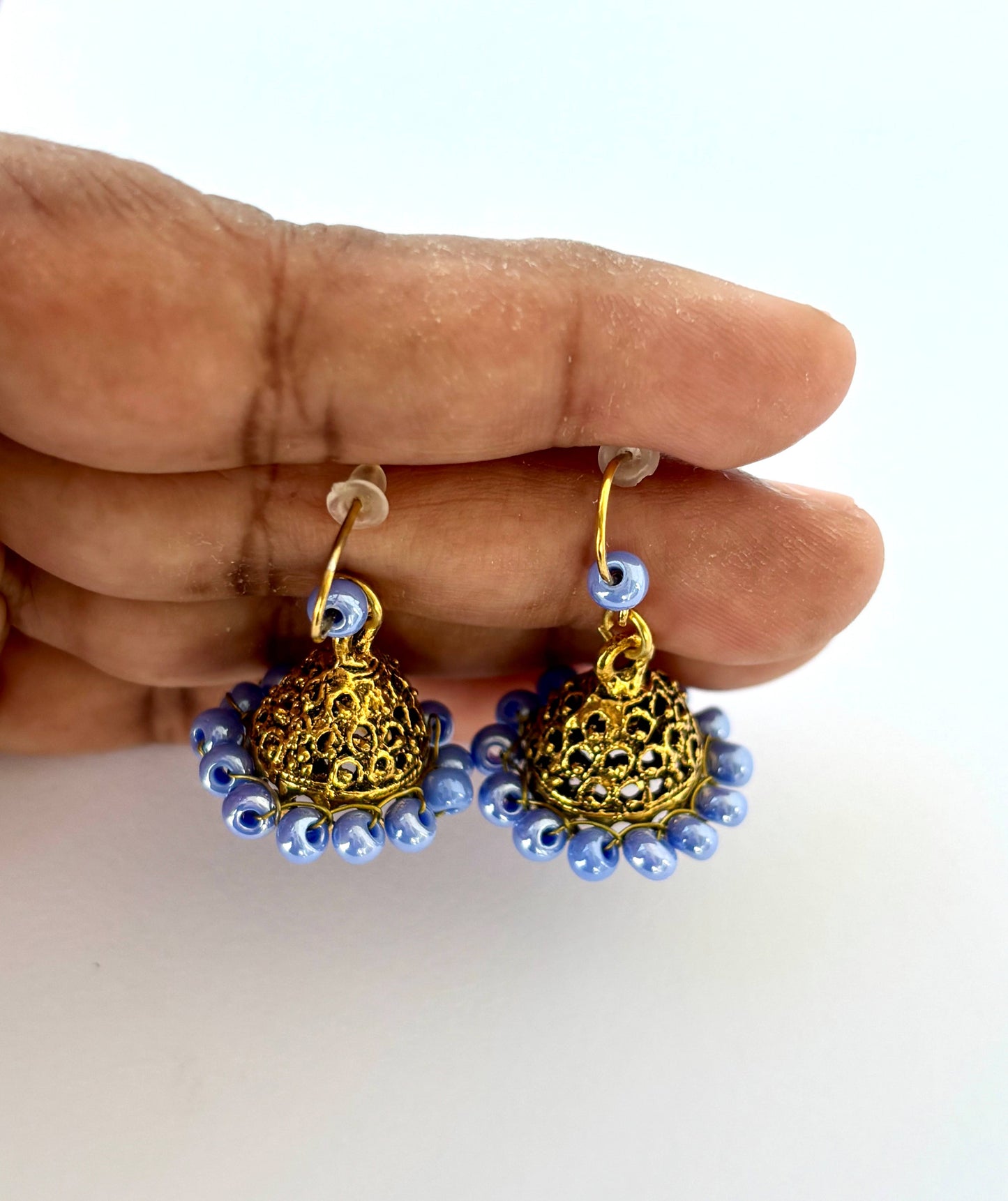 Mini Antique Gold Jhumka Earrings with Mauve Beads