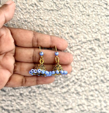 Mini Antique Gold Jhumka Earrings with Mauve Beads