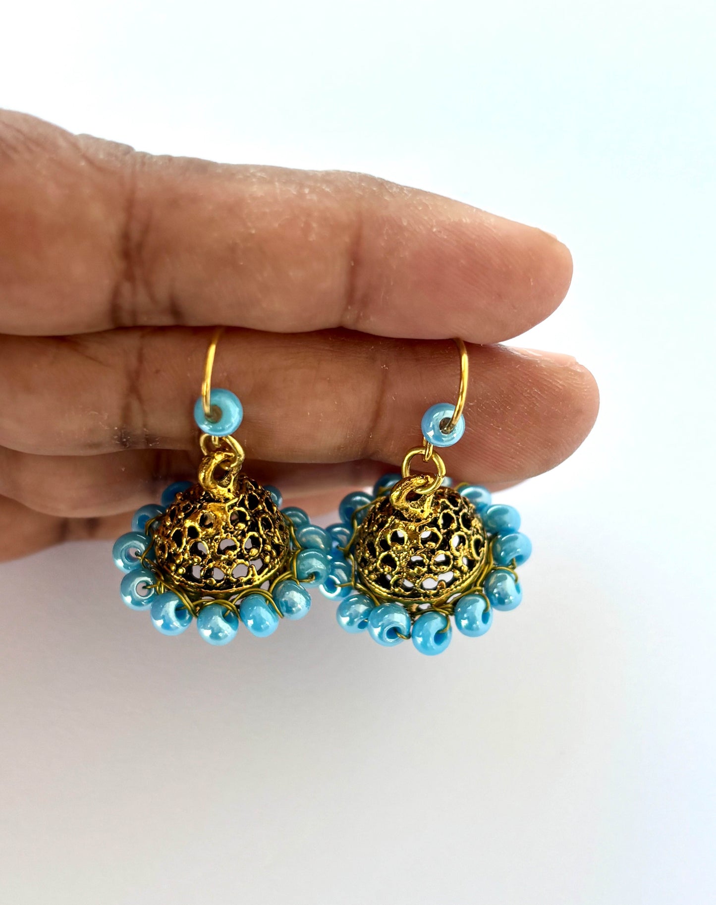 Mini Antique Gold Jhumka Earrings with Sky Blue Beads
