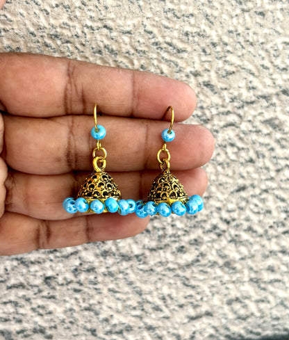 Mini Antique Gold Jhumka Earrings with Sky Blue Beads