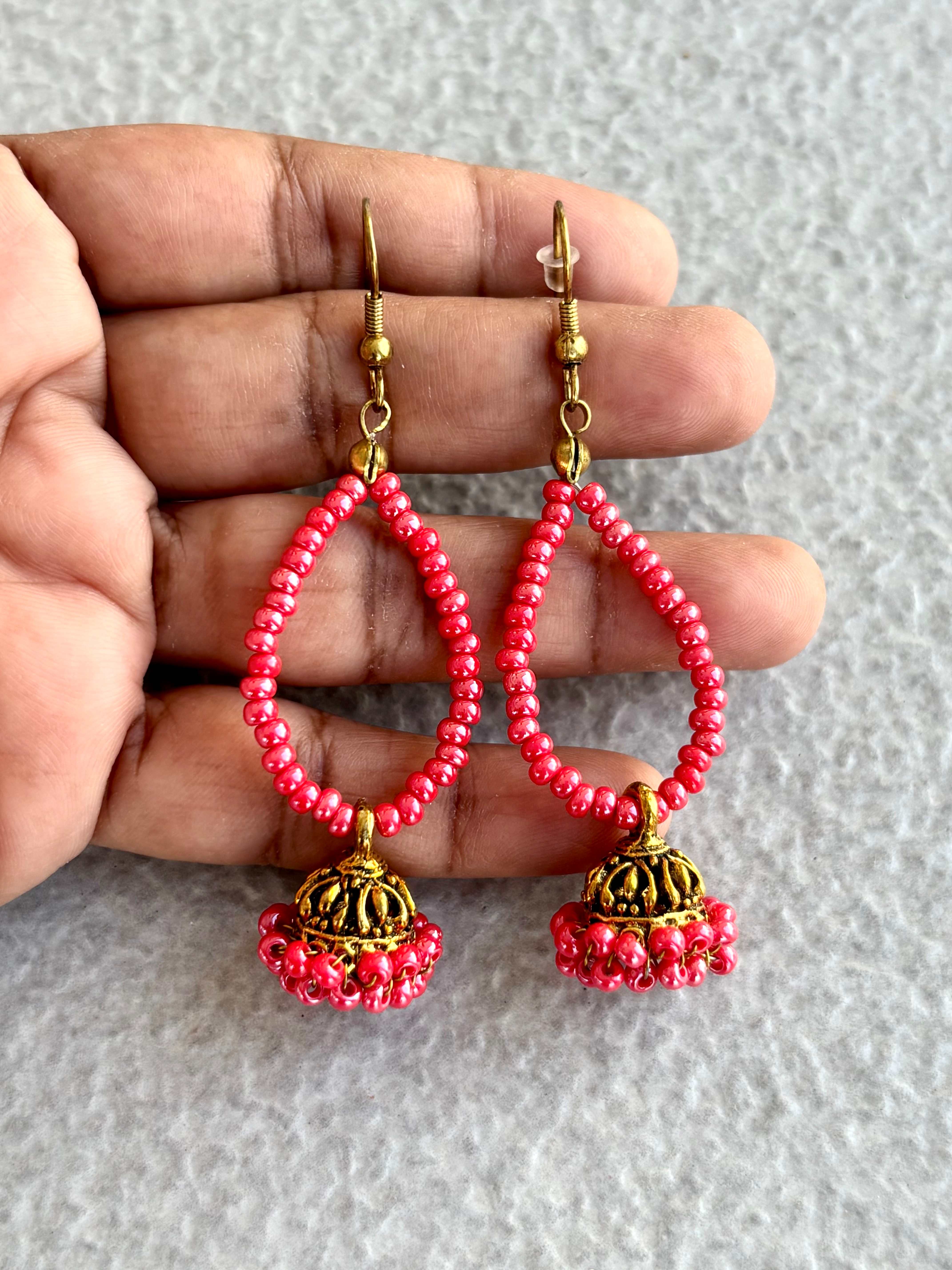 Teardrop Pink Bead Earrings with Jhumka Dangle
