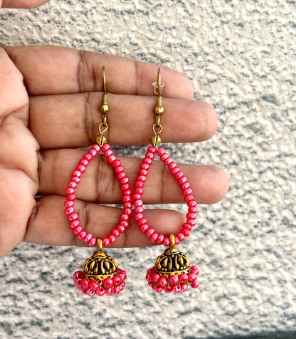 Teardrop Pink Bead Earrings with Jhumka Dangle