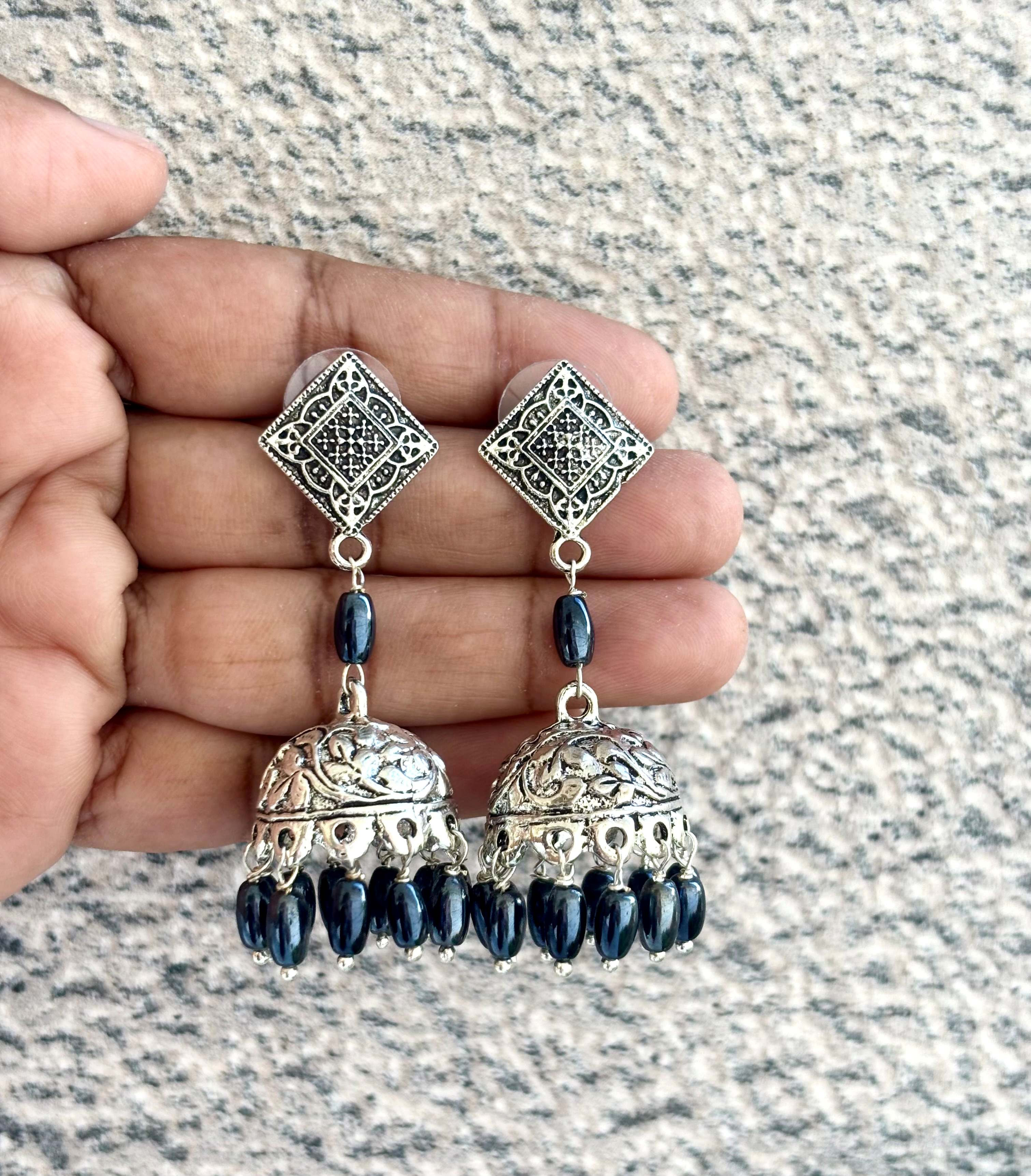 Oxidized Silver Jhumka Earrings with Black Beads