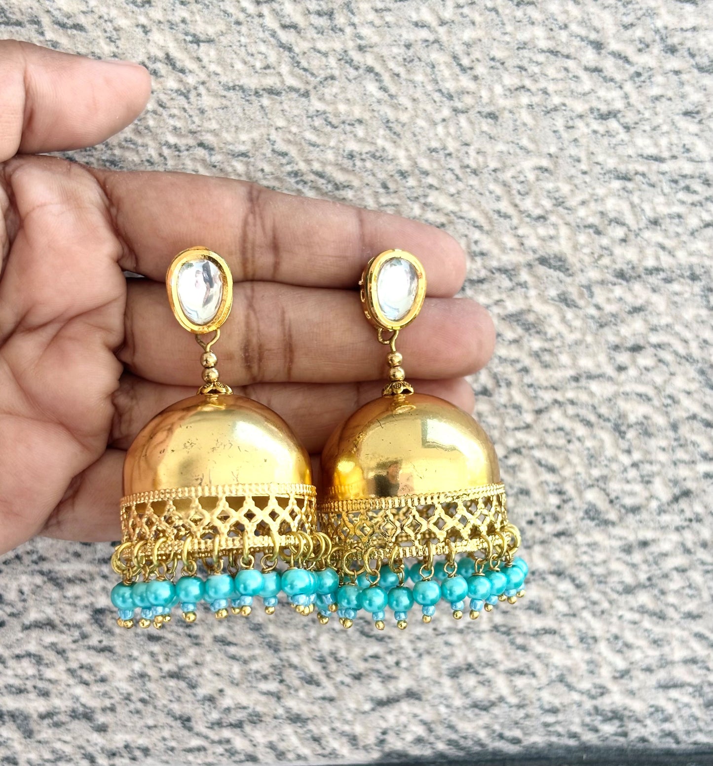 Statement Gold Jhumka Earrings with Blue Beads