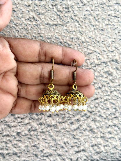 Mini Antique Gold Jhumka Earrings with Faux Pearls