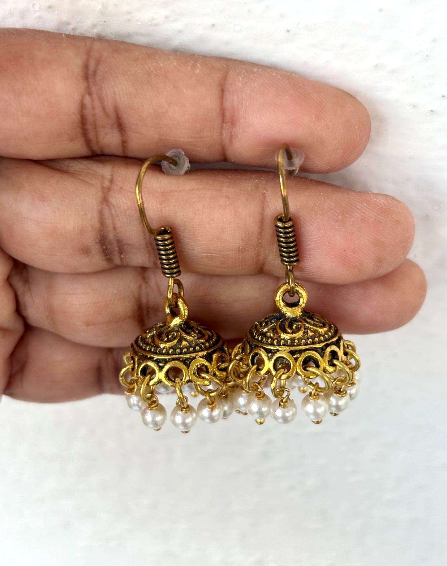 Mini Antique Gold Jhumka Earrings with Faux Pearls