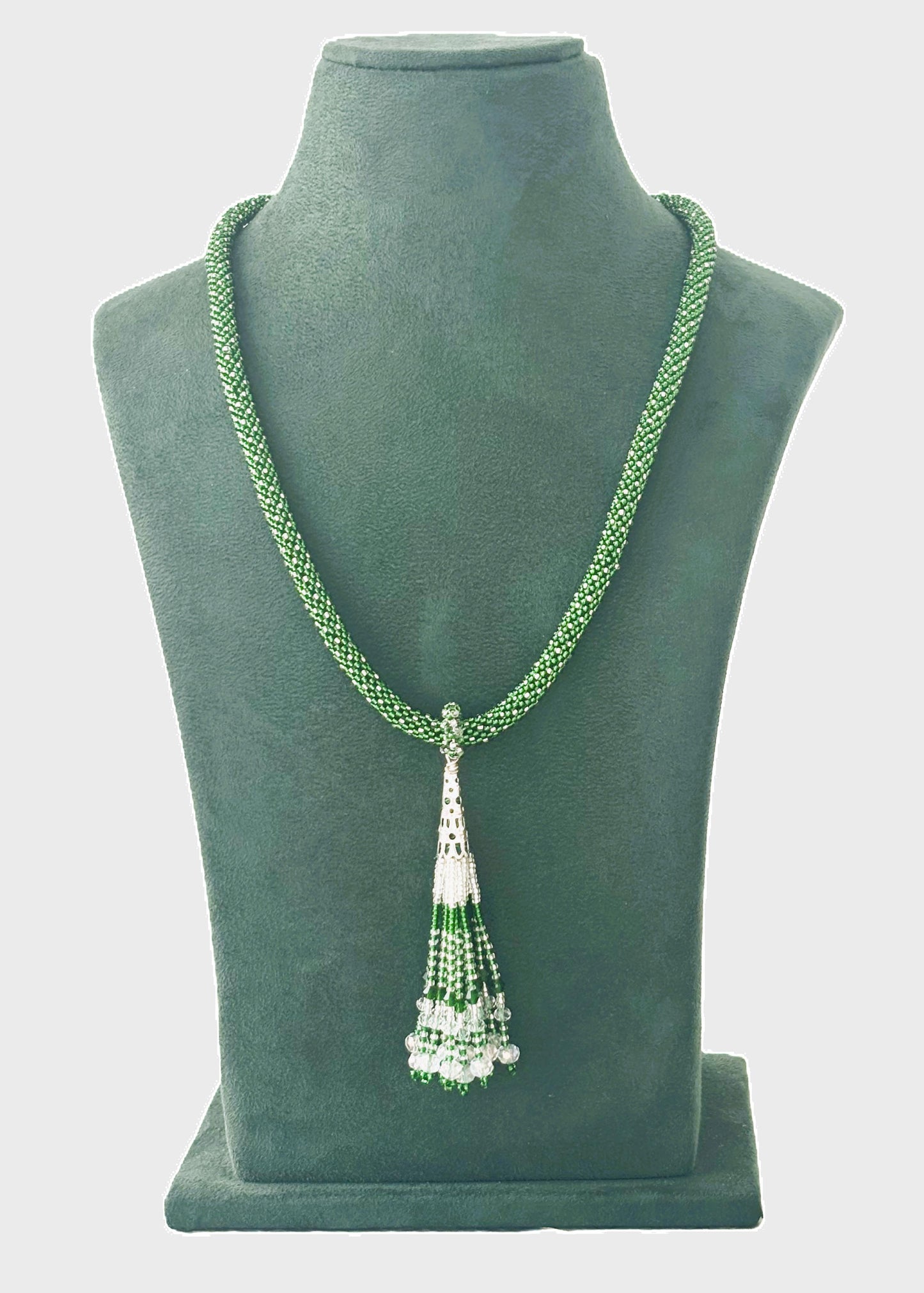 Handmade Green Beaded Rope Necklace with Tassel Pendant