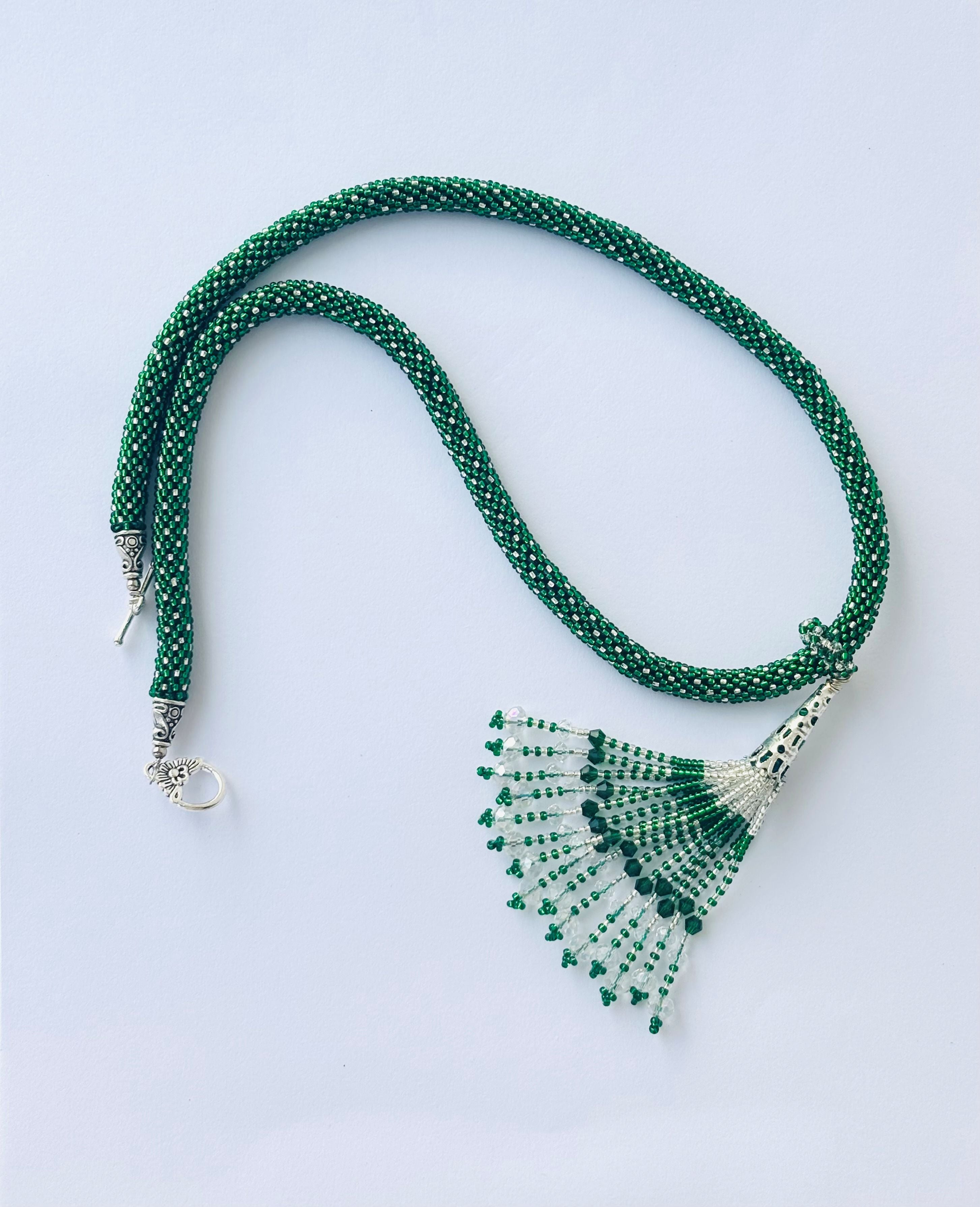 Handmade Green Beaded Rope Necklace with Tassel Pendant
