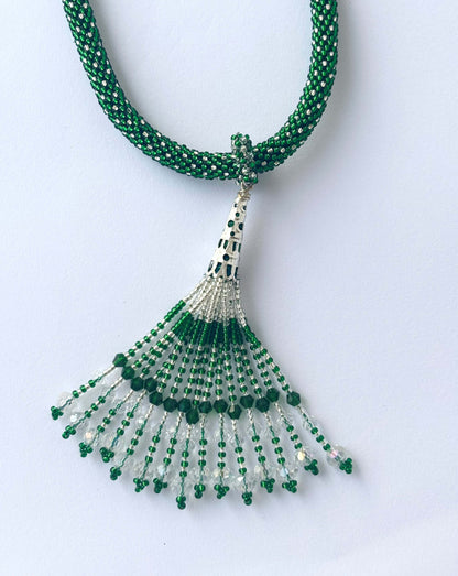 Handmade Green Beaded Rope Necklace with Tassel Pendant