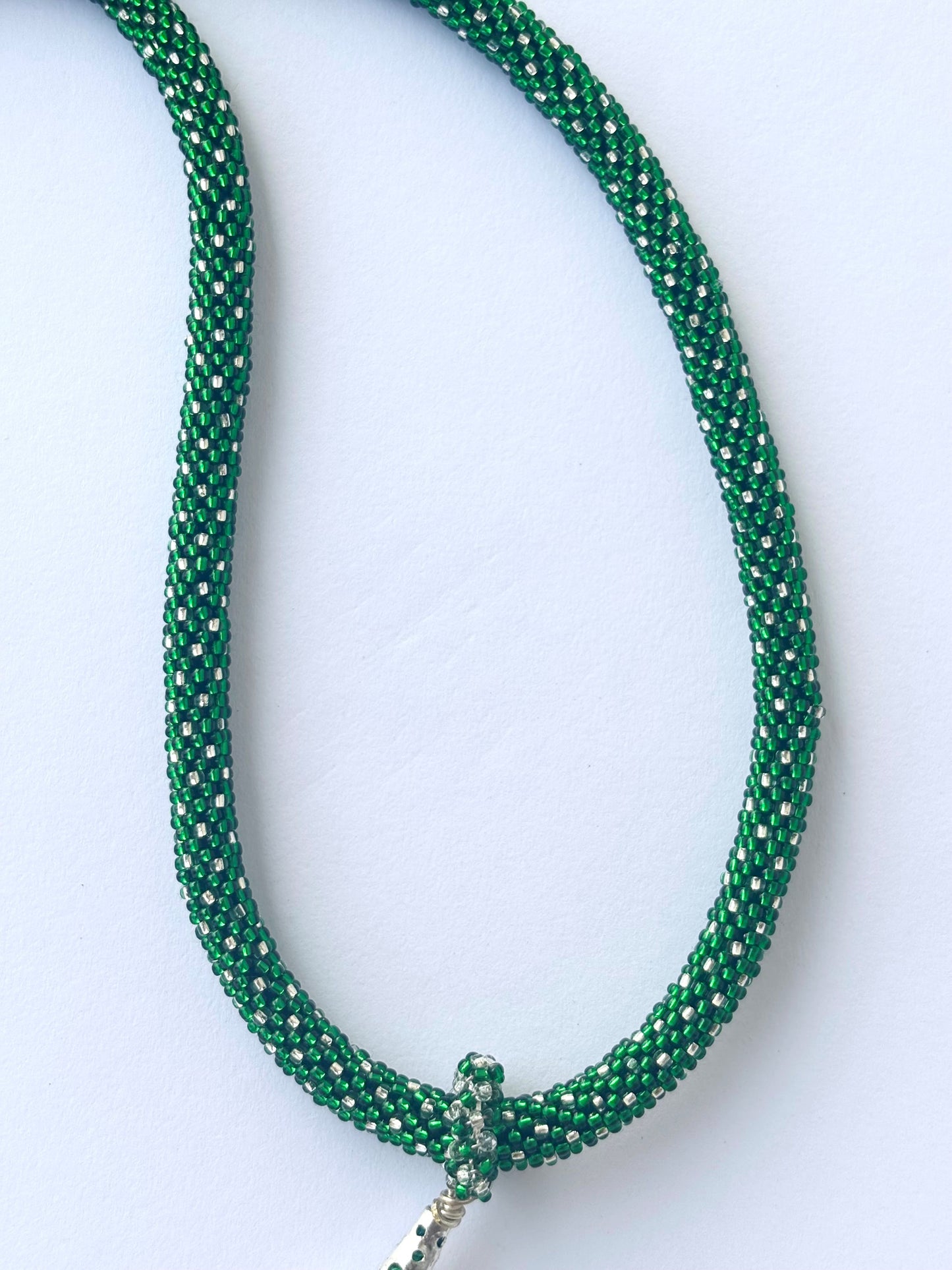 Handmade Green Beaded Rope Necklace with Tassel Pendant