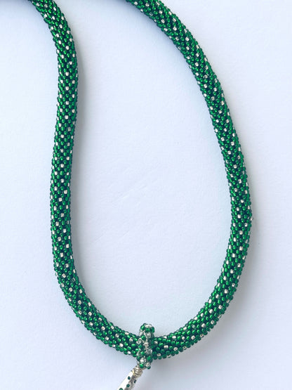 Handmade Green Beaded Rope Necklace with Tassel Pendant