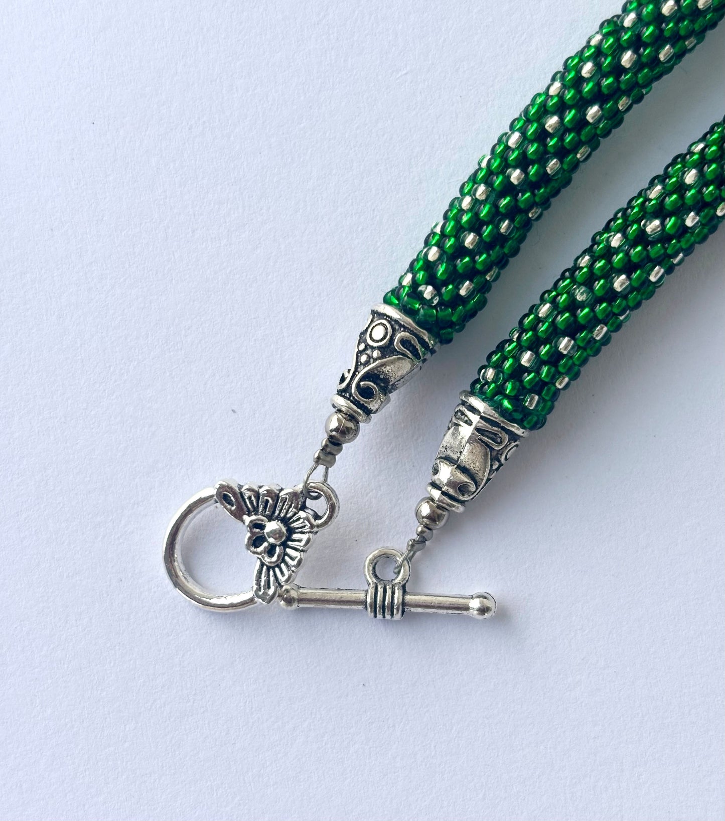 Handmade Green Beaded Rope Necklace with Tassel Pendant