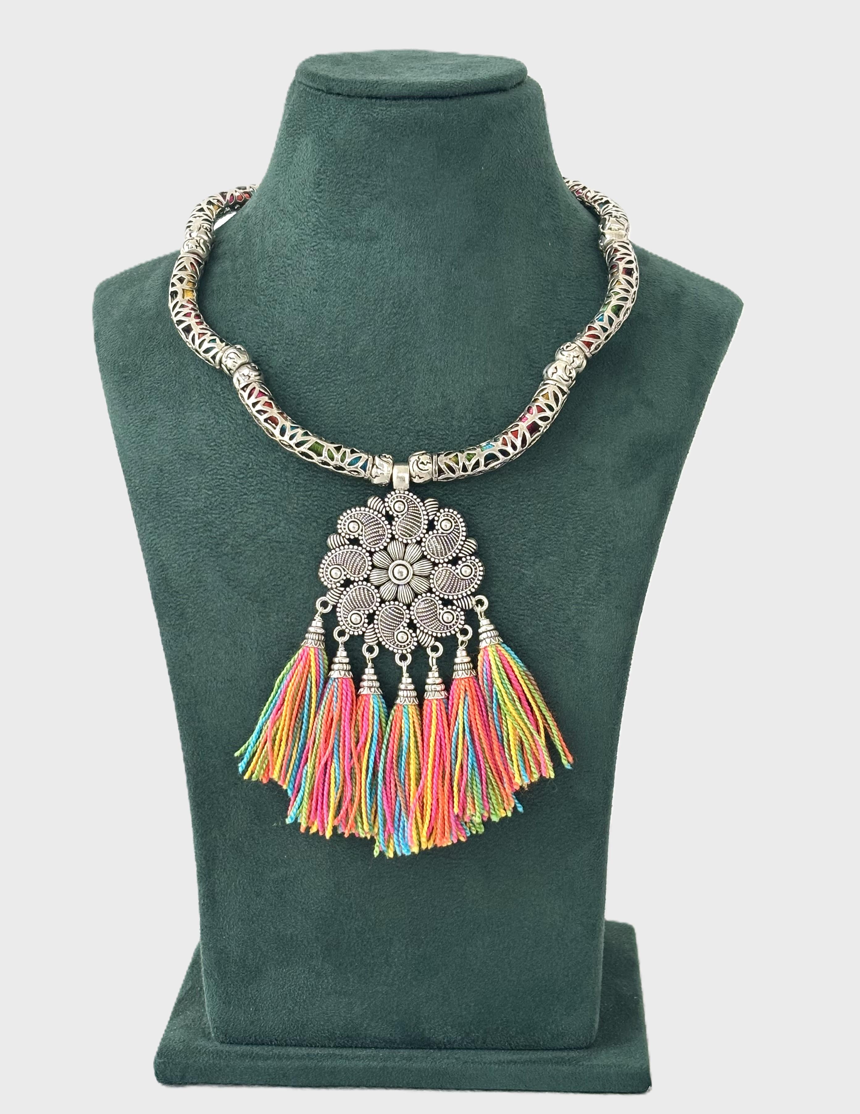Handmade Boho Statement Necklace with Colorful Tassels