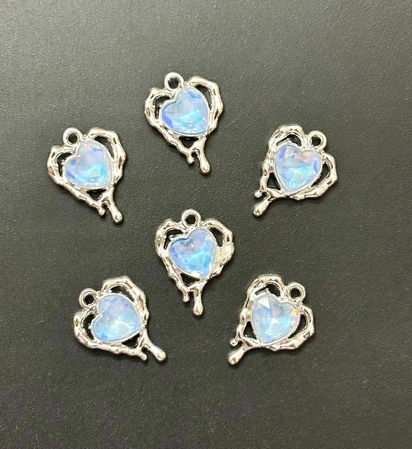 Two Pieces Silver Heart Charm with Blue Iridescent Gemstone