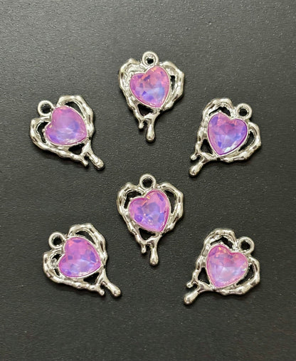 Two Pieces Silver Heart Charm with Pink Iridescent Gemstone