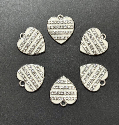 Two Pieces White Striped Rhinestone Heart Charms