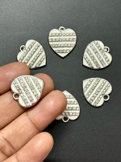 Two Pieces White Striped Rhinestone Heart Charms