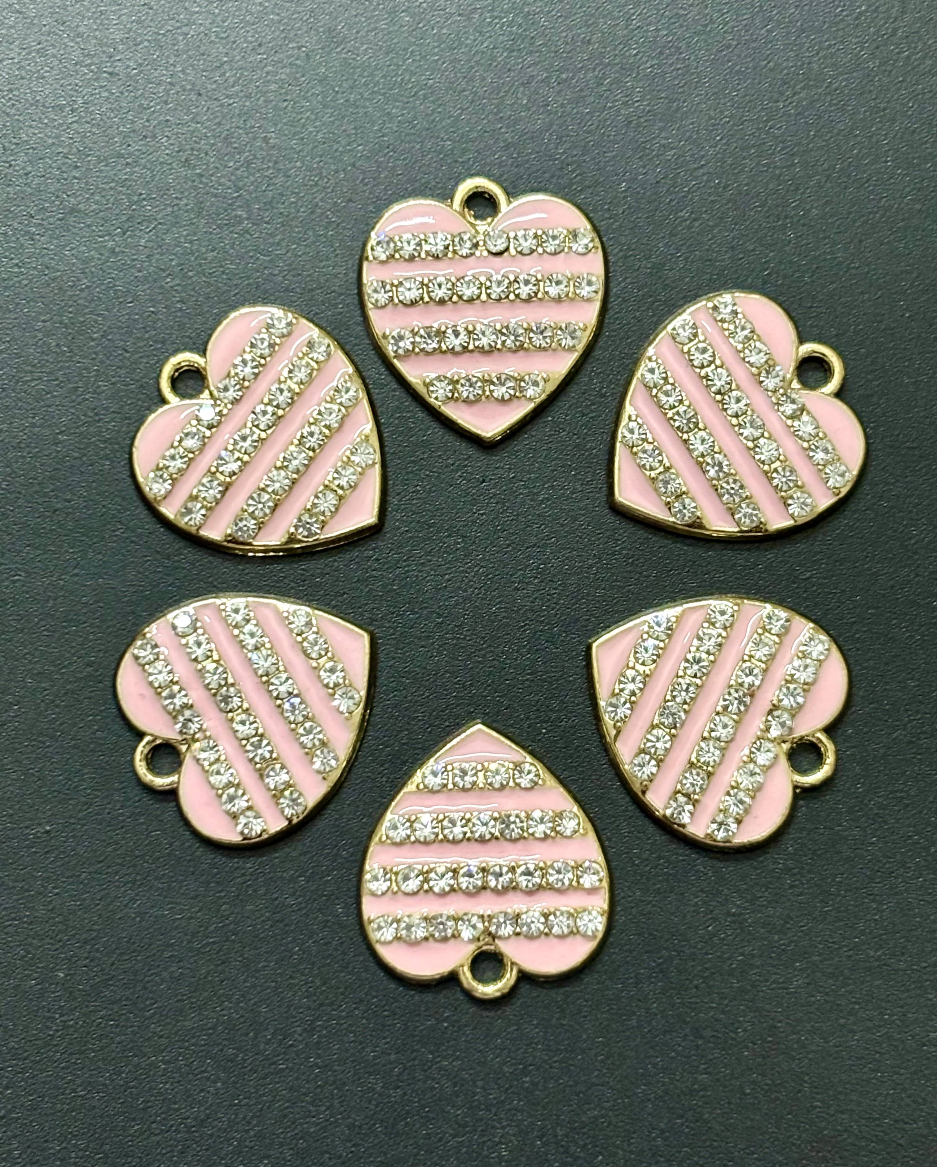 Two Pieces Pink Striped Rhinestone Heart Charms