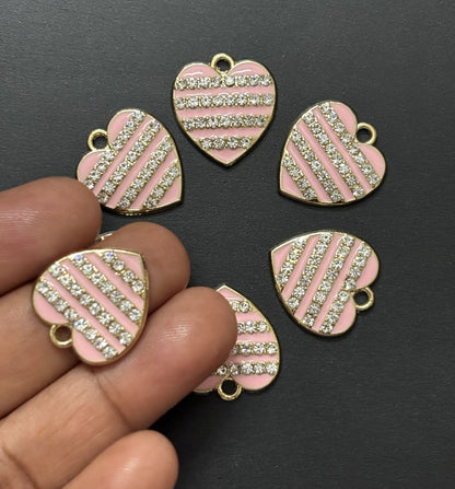 Two Pieces Pink Striped Rhinestone Heart Charms