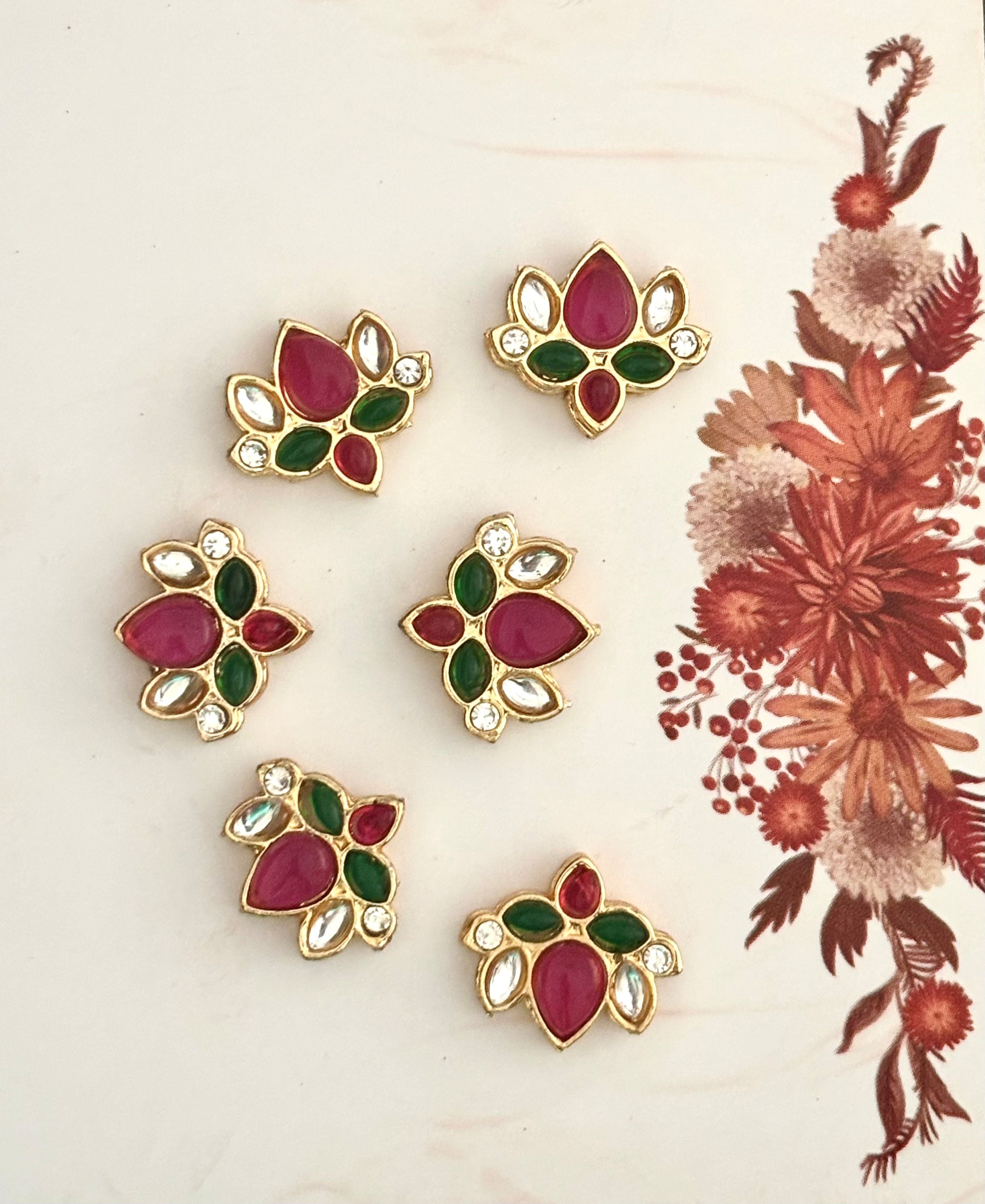 Gold Plated Lotus Ruby Red and Green Kundan Stones