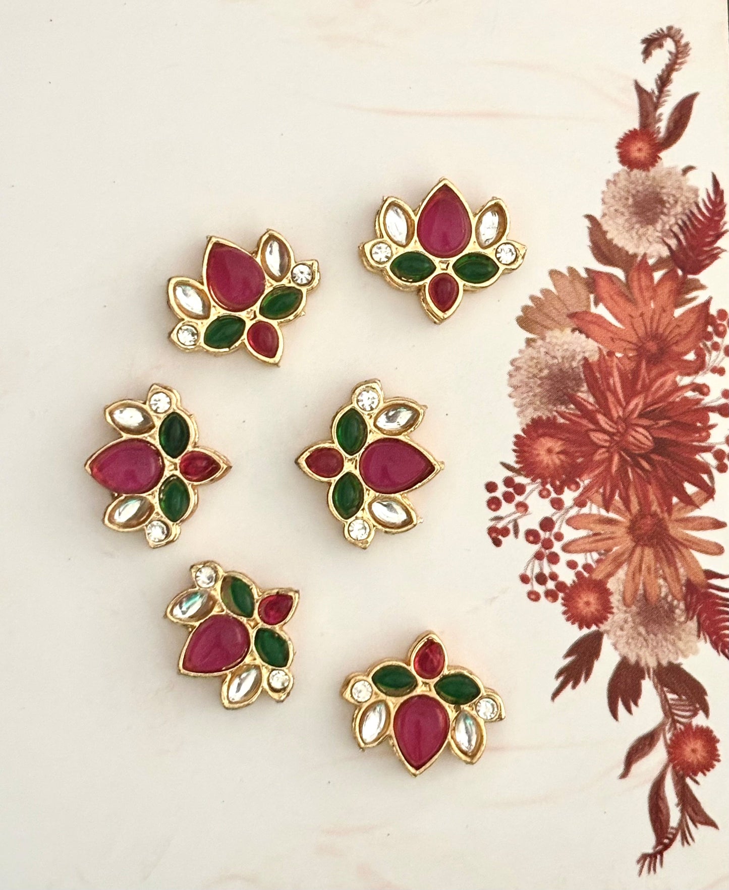 Gold Plated Lotus Ruby Red and Green Kundan Stones