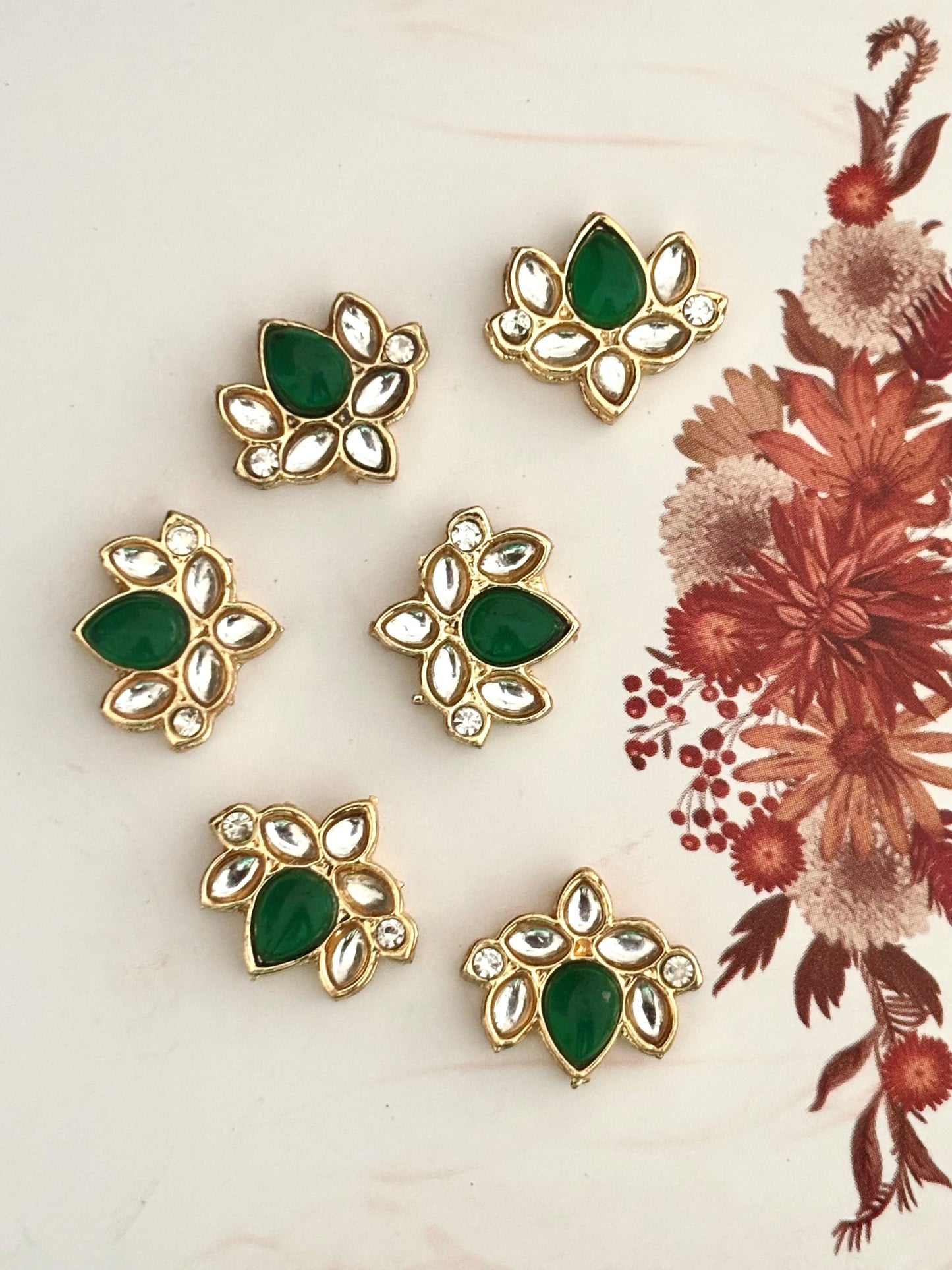 Gold Plated Lotus Green and Clear Kundan Stones