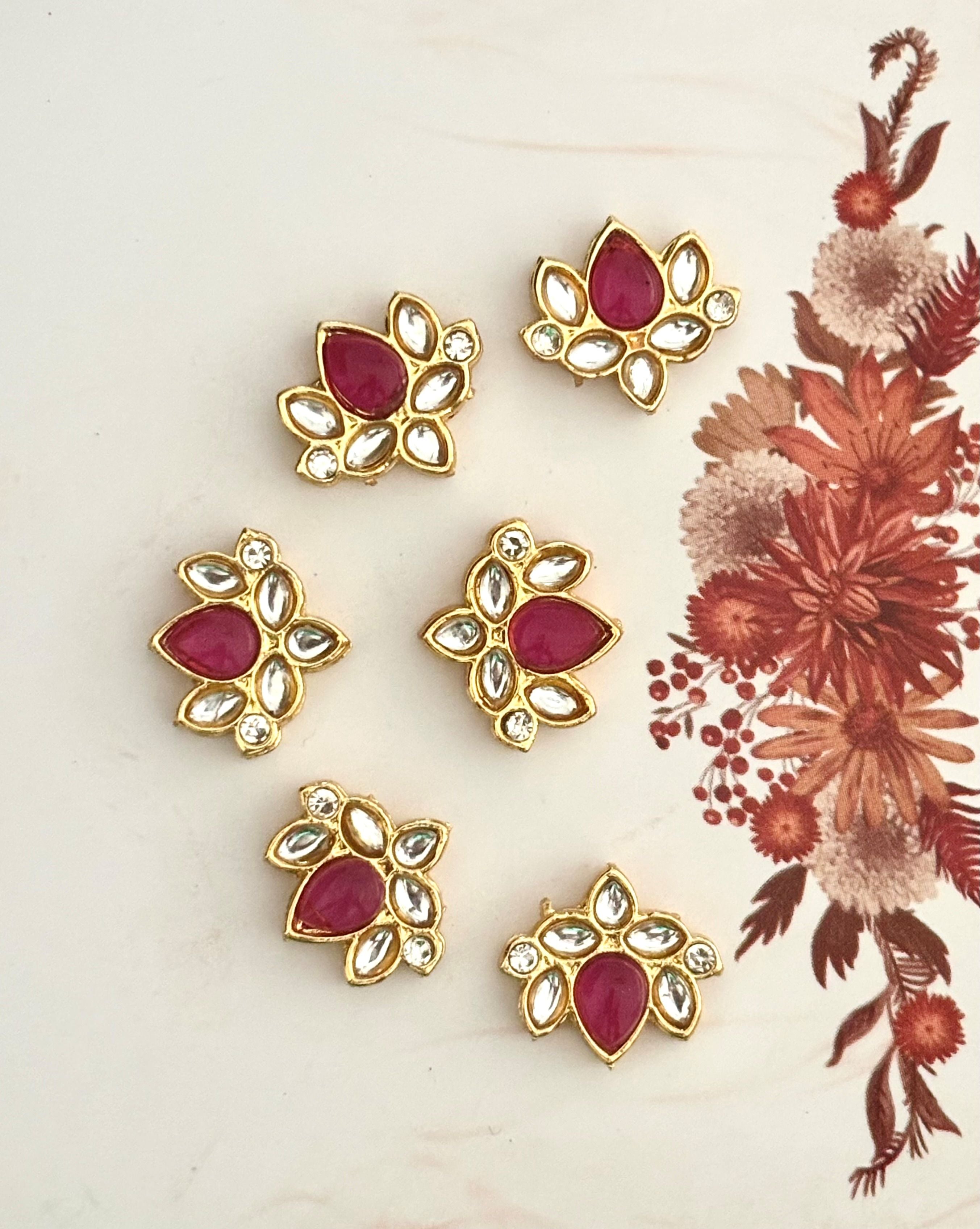 Gold Plated Lotus Ruby Red and Clear Kundan Stones