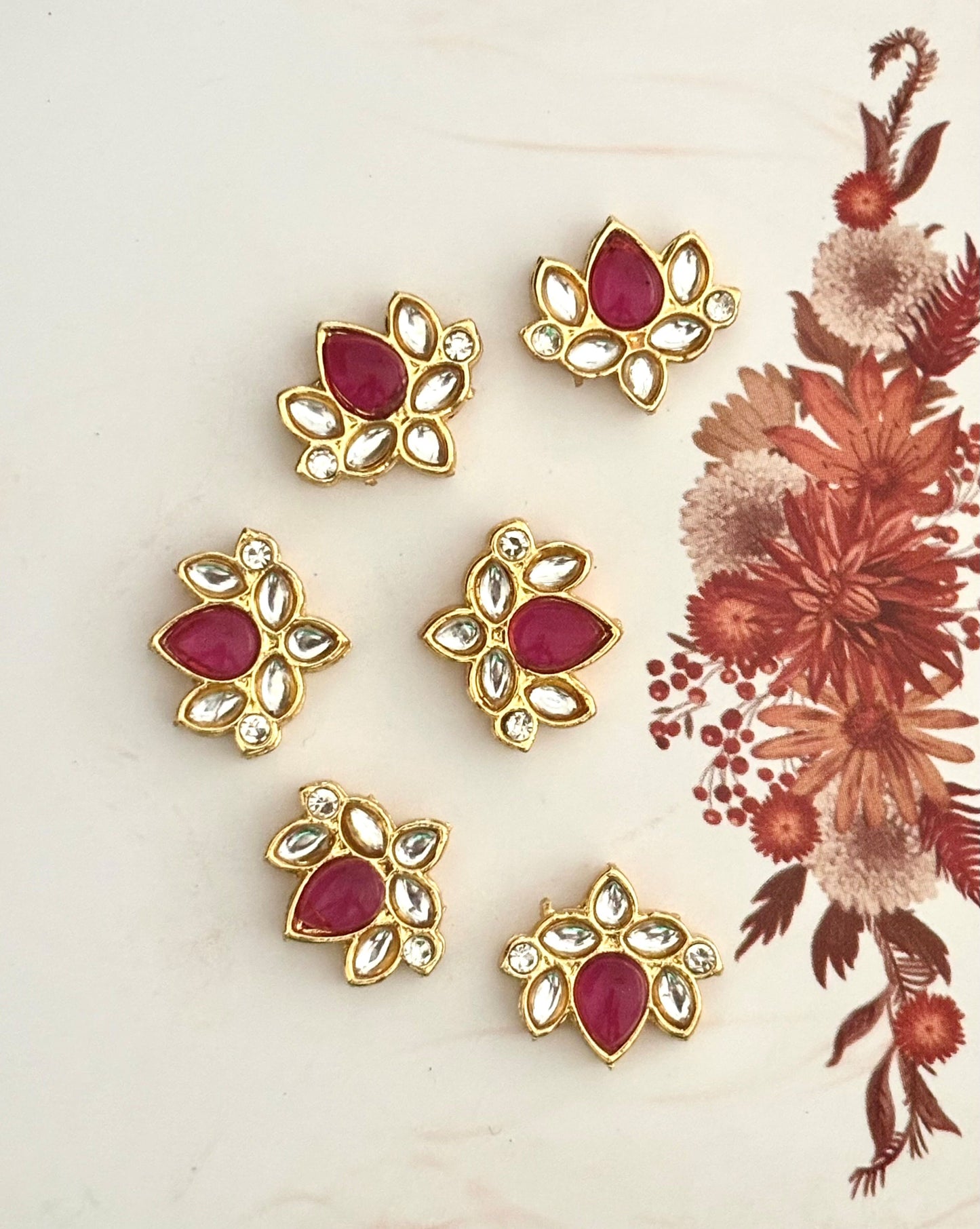 Gold Plated Lotus Ruby Red and Clear Kundan Stones