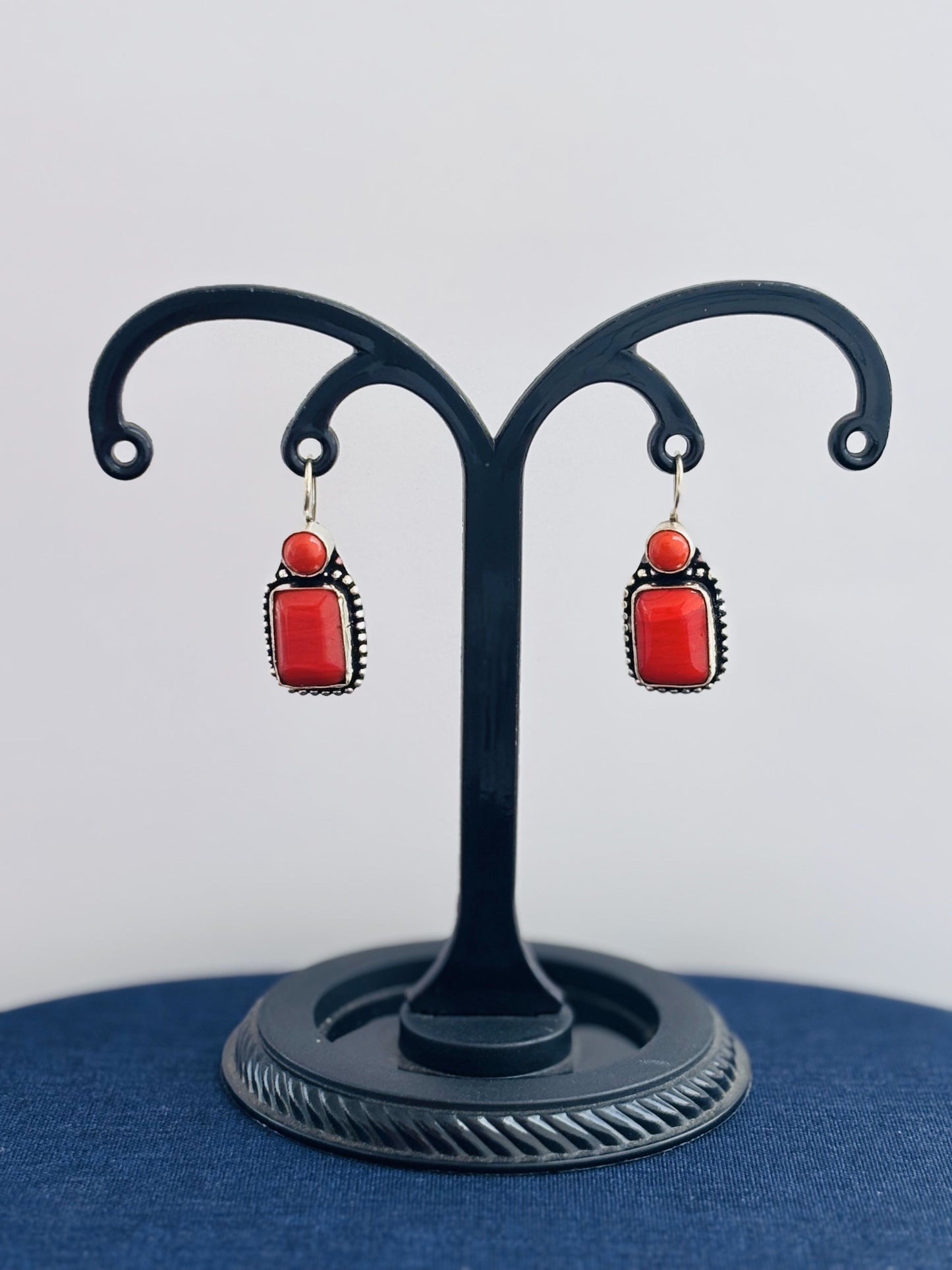 Handmade Oxidized Silver and Coral Earrings