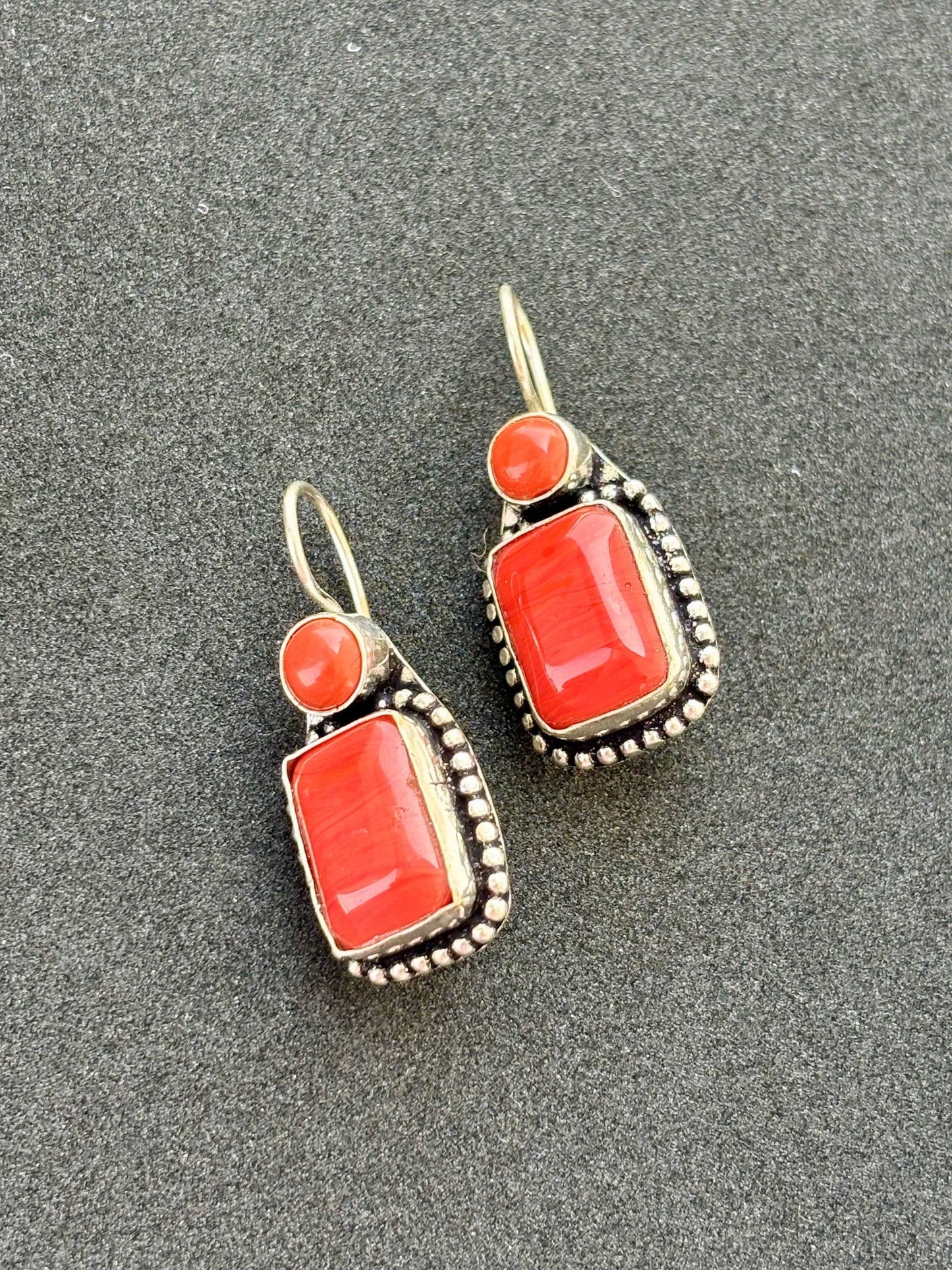 Handmade Oxidized Silver and Coral Earrings