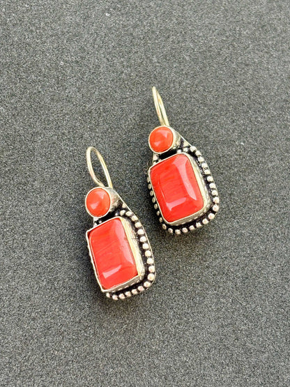 Handmade Oxidized Silver and Coral Earrings