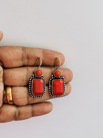 Handmade Oxidized Silver and Coral Earrings
