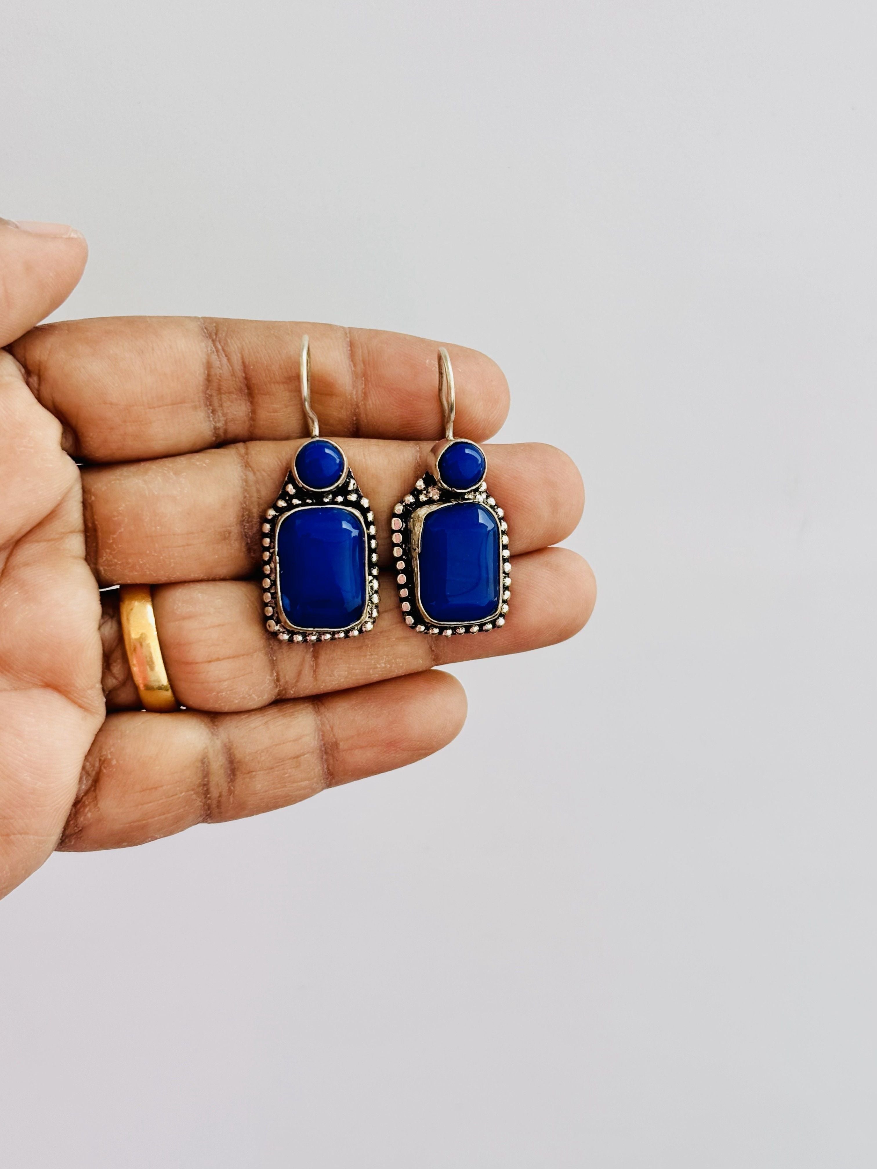 Handmade Blue Stone and Oxidized Silver Earrings