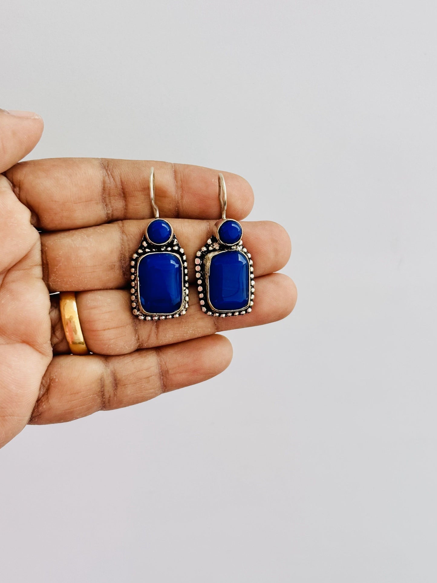 Handmade Blue Stone and Oxidized Silver Earrings