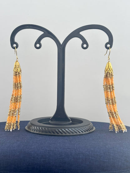 Handmade Orange and Gold Beaded Tassel Earrings