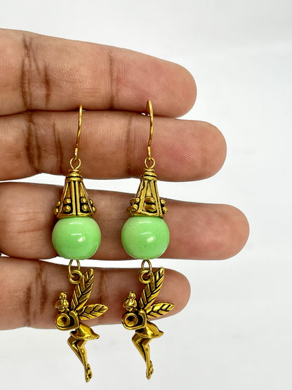 Handmade Green Stone and Gold Fairy Dangle Earrings